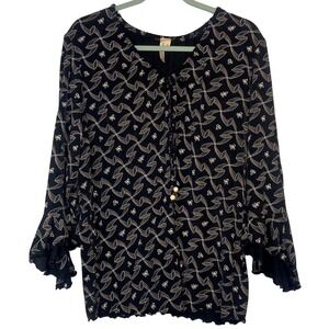 Susan Lawrence 3X Black Floral Print Bell Sleeve Stretch Boho Blouse